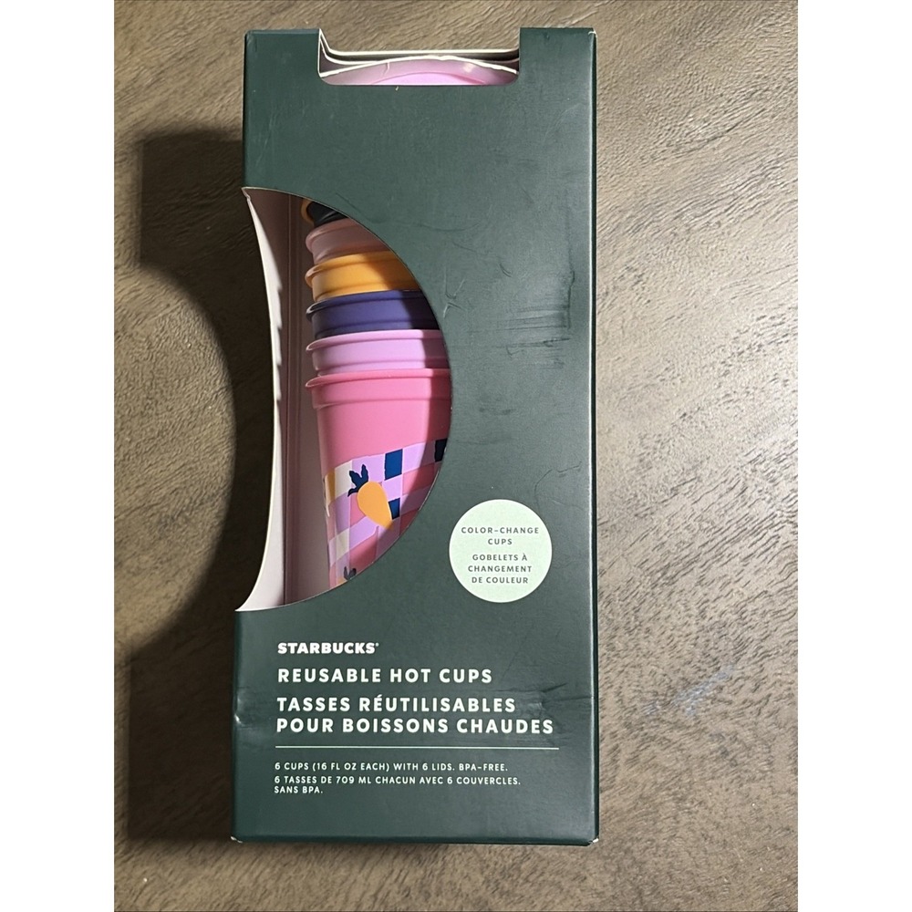 NEW STARBUCKS COLOR CHANGING SPRING EASTER REUSABLE 16 OZ HOT CUPS W/LIDS 6 PK